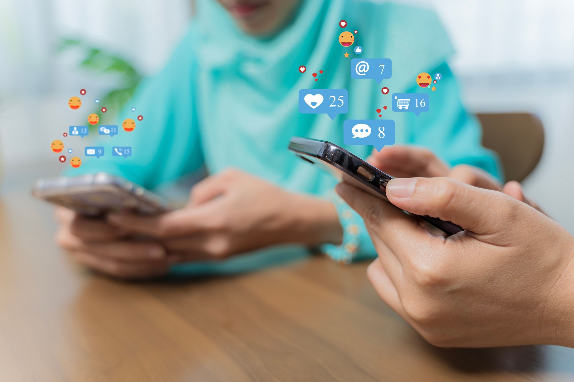 muslim woman relaxing and using smartphone in living room.Multichannel marketing on social media network platform offer service