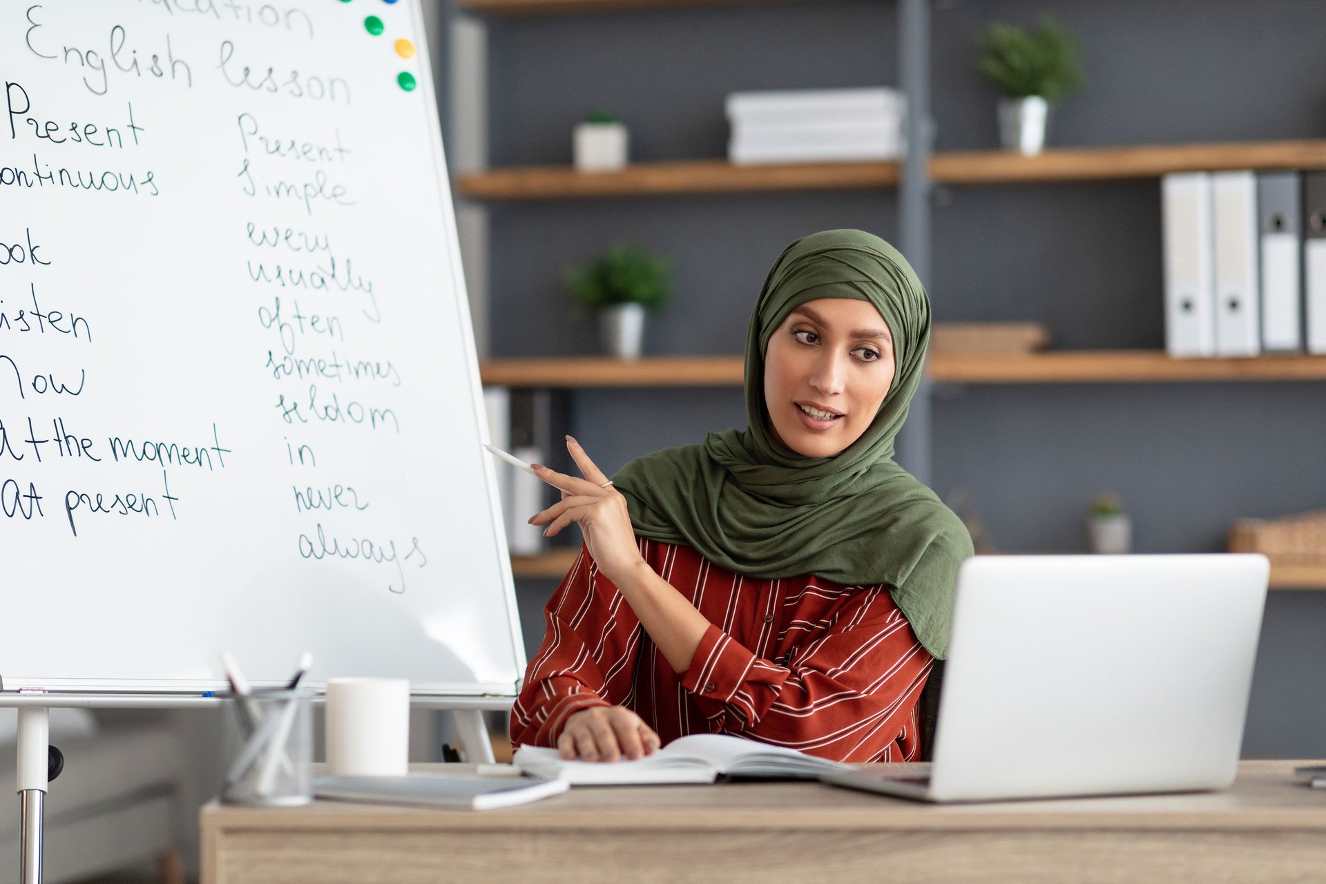 Arabian English teacher showing explaining theme to students online