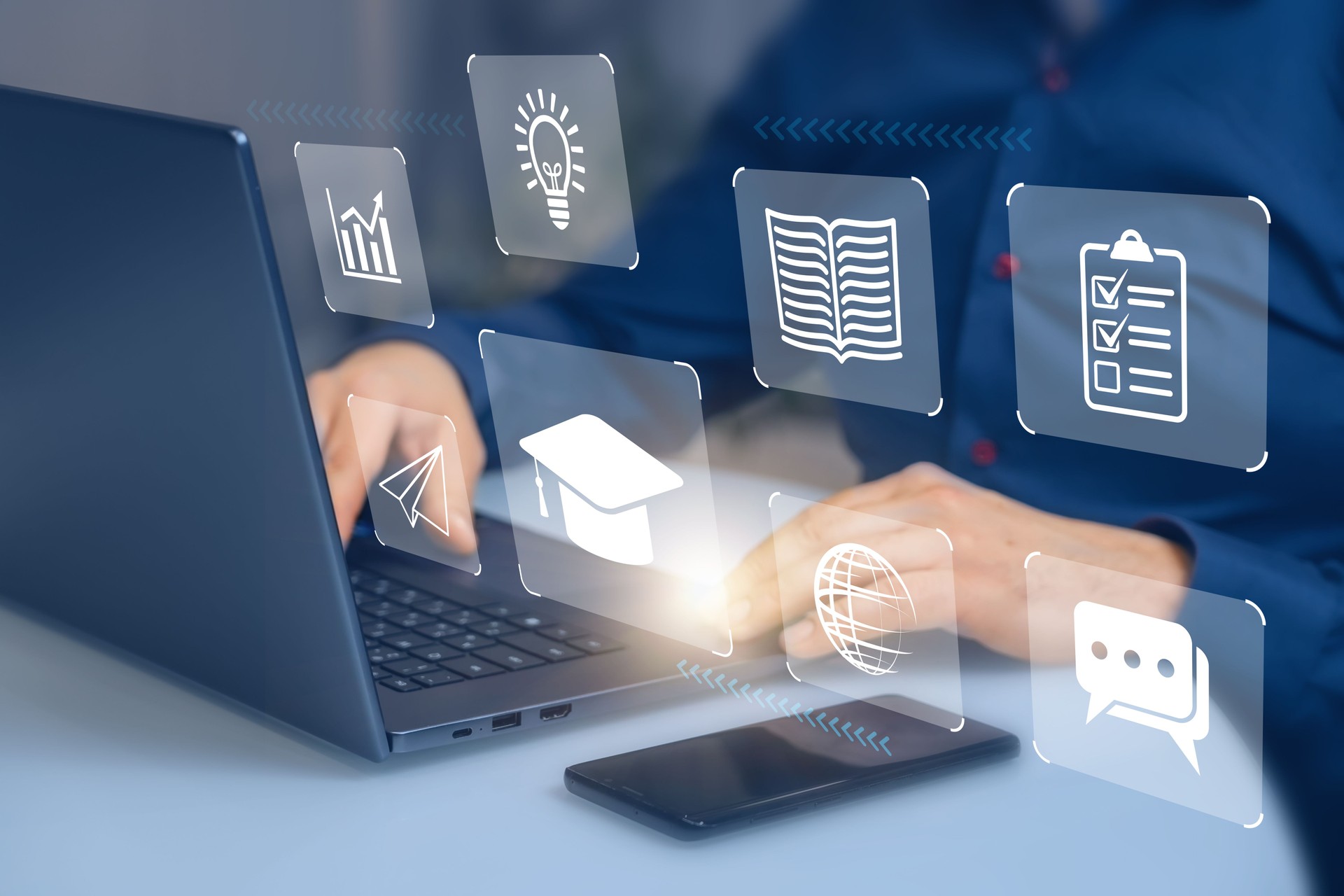 Icons of online education, planet, airplane and idea on background of laptop and hands ща businessman. Man in blue shirt uses computer to study lessons on Internet, concept of e-learning, online courses and webinars